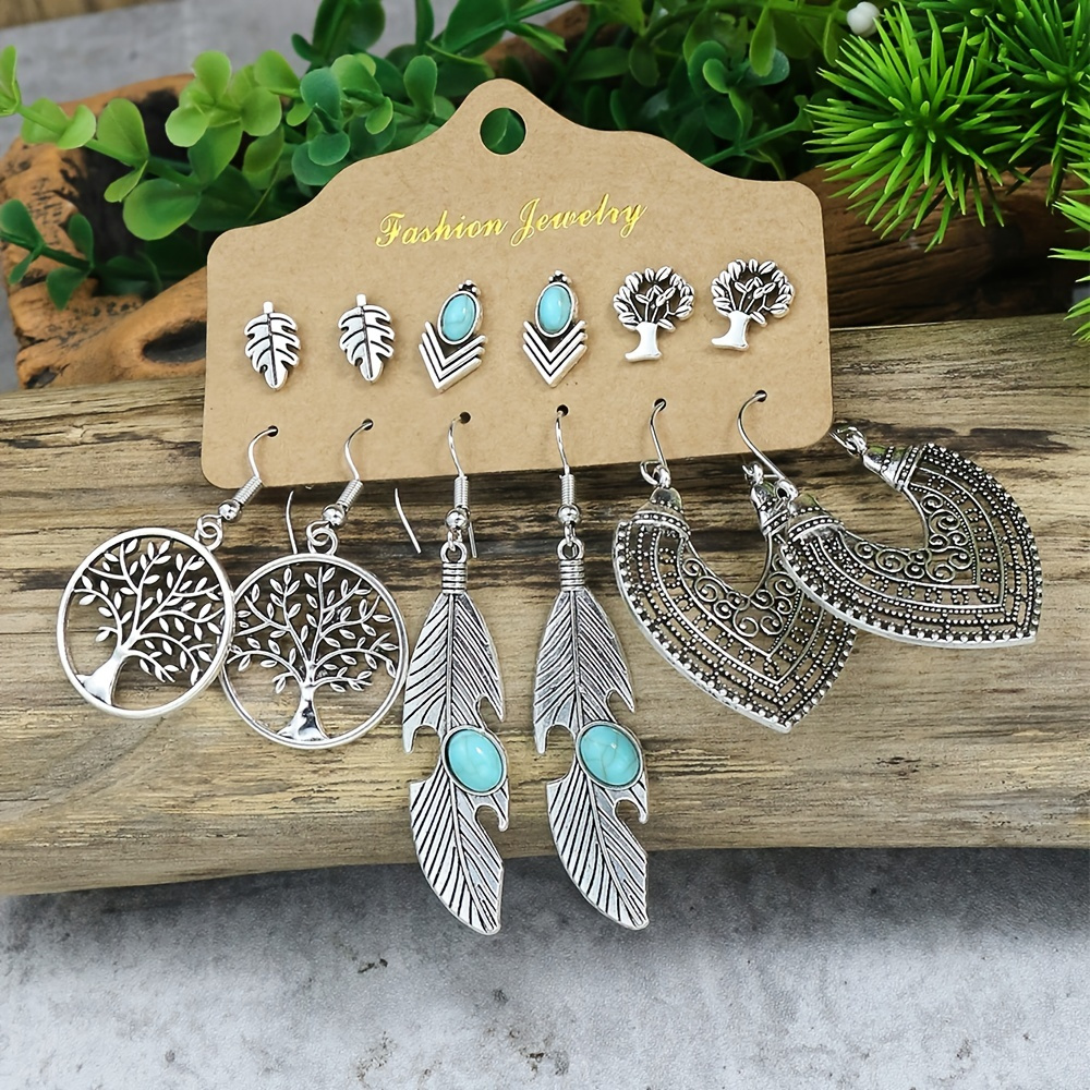 

Vintage Style Antique Women's Earrings Stud Earrings 6 Pairs Set Leaf Stud Earrings Round Peach Shaped Hollow Pendant Set With Turquoise Embellished Earrings