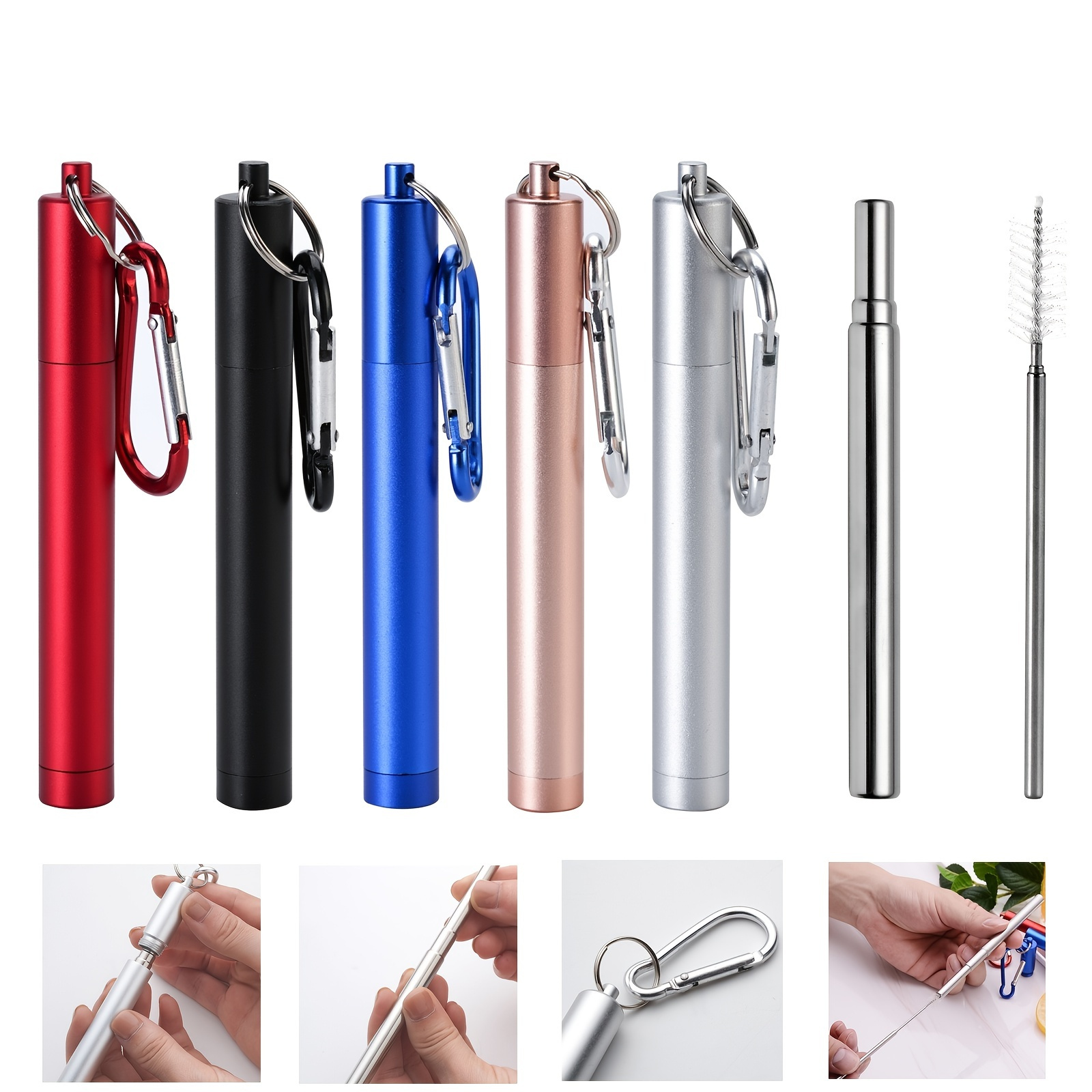 4 Pack Portable Reusable Metal Straw Collapsible Stainless Steel Drinking  Straw Telescopic Straw to Drink Water Smoothie with Aluminum Key-chain Case