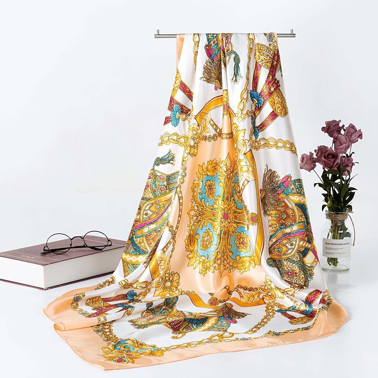 Vintage Square Scarf Carriage Chain Print Shawl