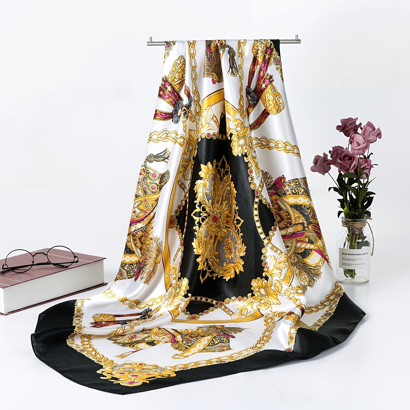 Vintage Square Scarf Carriage Chain Print Shawl
