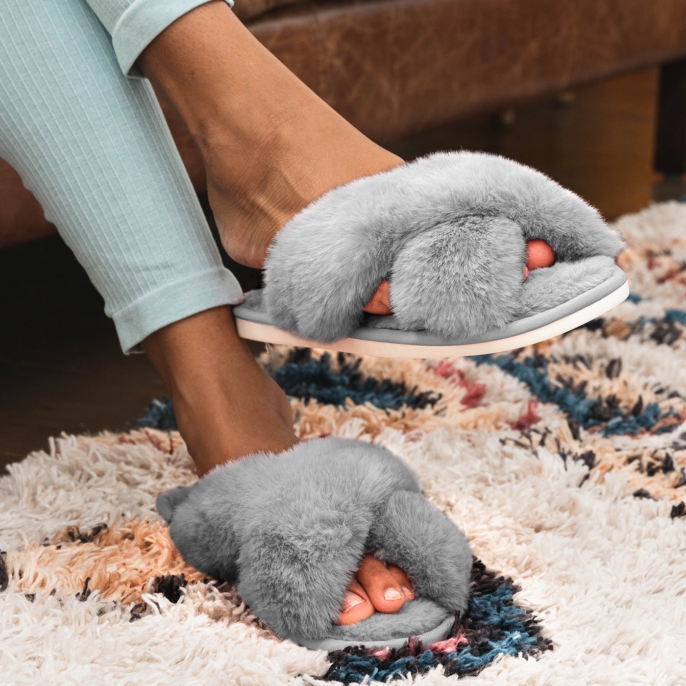 Soft Fuzzy Cross Strap Slippers Open Toe Plush Slides Shoes