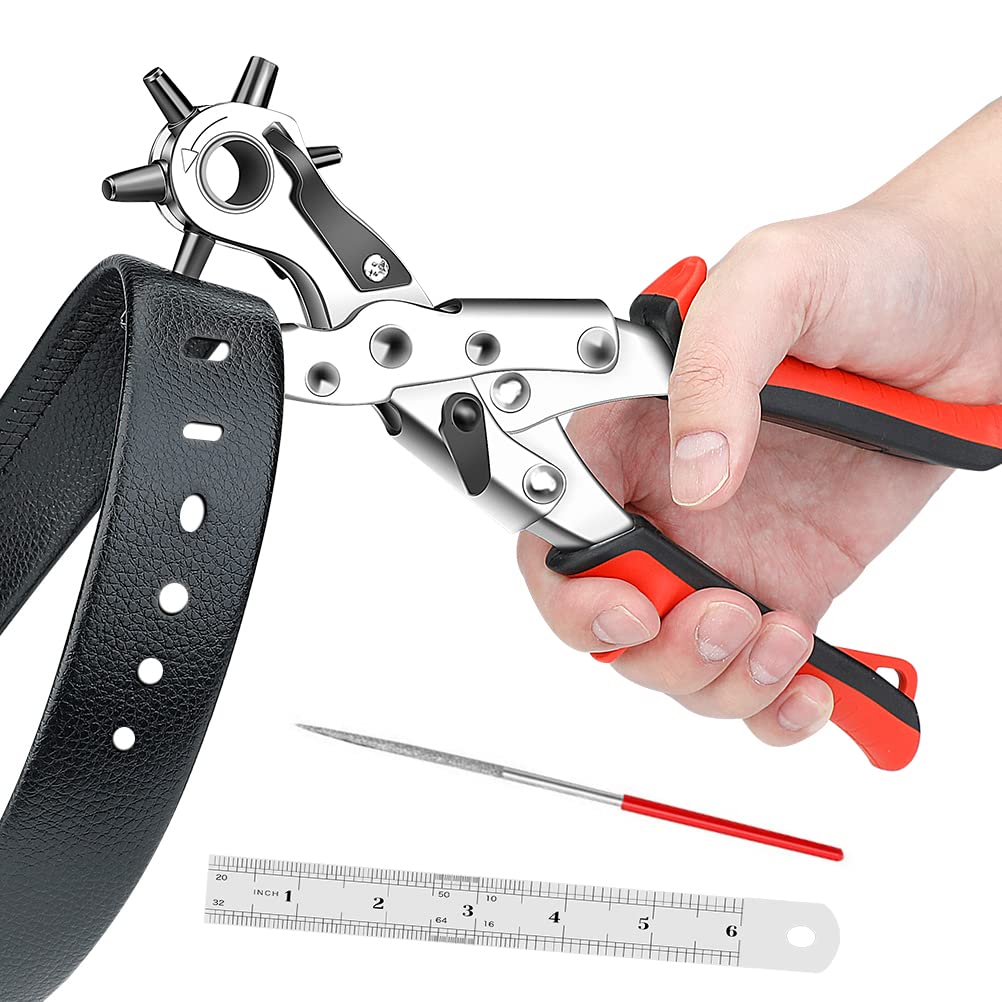 Belt Hole Puncher for Leather Heavy Duty Non-Slip Handle Rotating 6 Heads  Professional Punch Tool Revolving Punch Plier Kit (3 Round Holes + 2 Flat