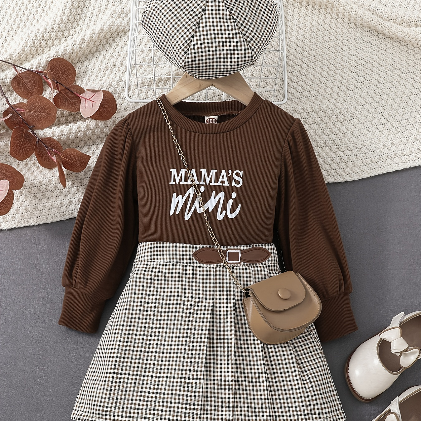 

3pcs Baby Girls Puff Sleeves Crew Neck Long Sleeve Knit Top & Plaid Skirt & Berets Set Kids Clothes
