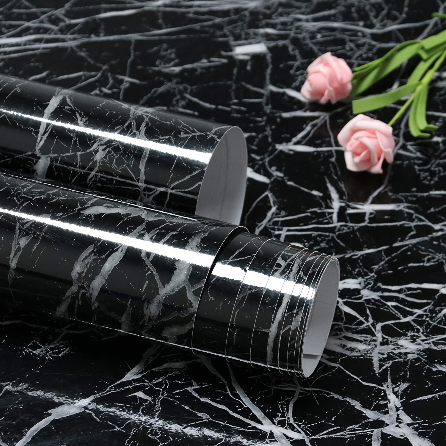 1pc Black Marble Contact Paper, Home Decorations, Self-Adhesive Wallpaper For Cabinet Table Chair Room Background Renovation