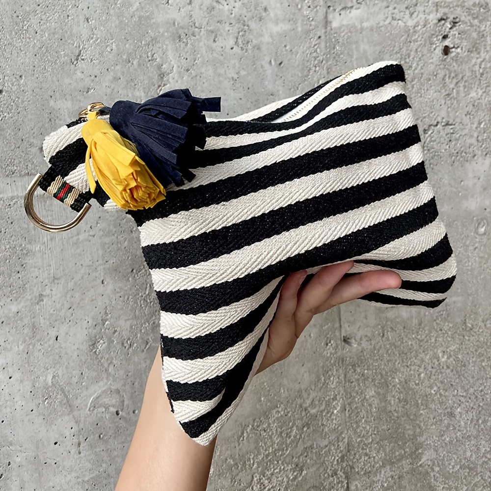 

Colorful Striped Canvas Clutch Bag, Aesthetic Tassel Decor Cosmetic Bag, Storage Pouch For Travel, Going Out