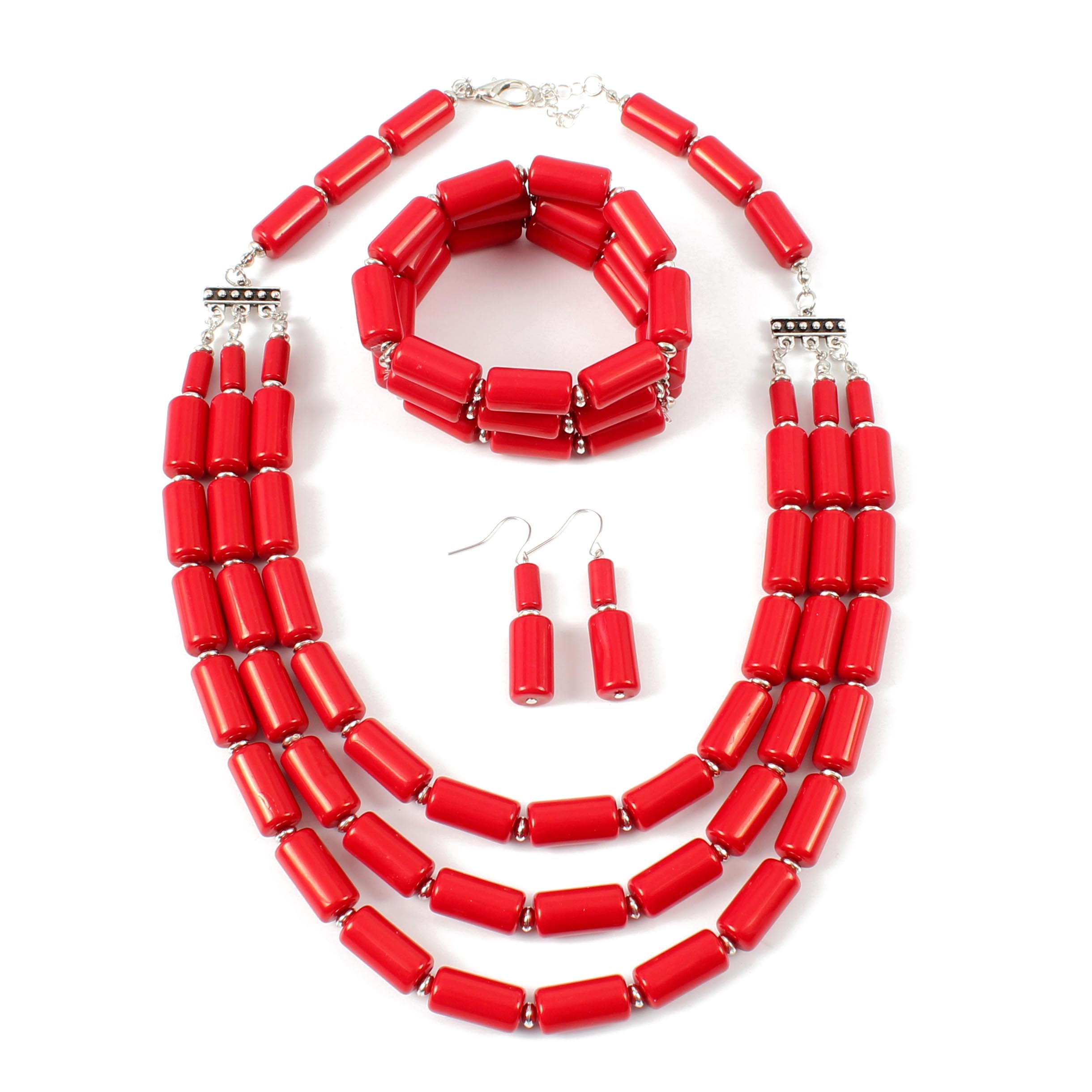 Boho Red Beaded Multilayer Necklace, Earrings & Bangle Set