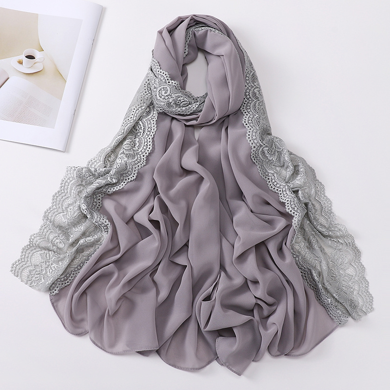 Solid Color Chiffon Scarf Lace Trim Women's Hijab Thin - Temu