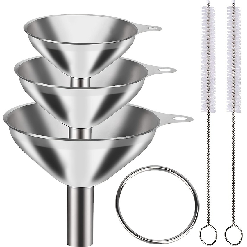 

5pcs Stainless Steel Funnels For Kitchen Use, Large Tiny Small Funnel Set Of 3, Metal Cooking Powder Food Grade Flask Funnels For Filling Bottles Liquor Water Spice, 2pcs Cleaning Brushes