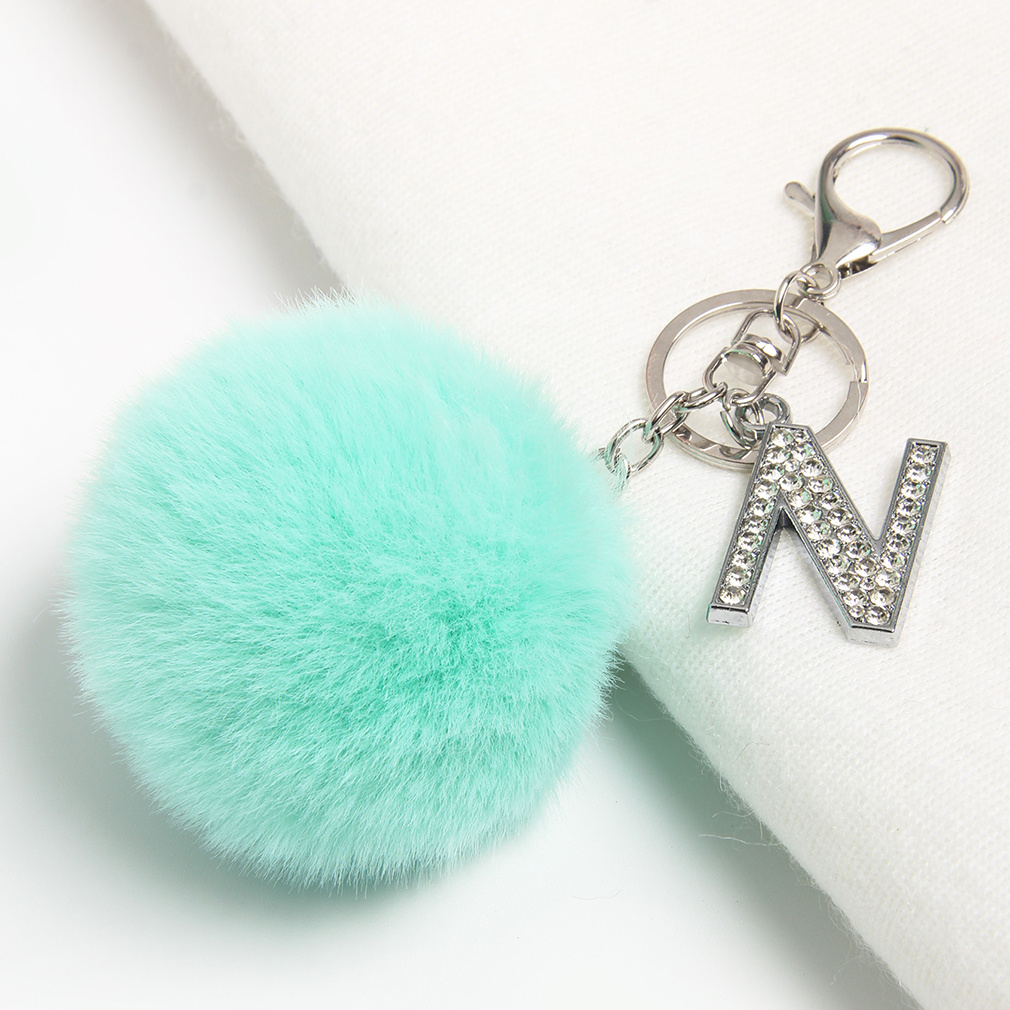 Rhinestone Letter & Pom Pom Charm Keychain