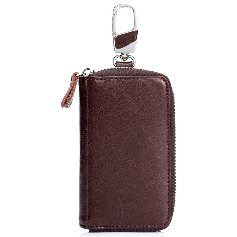 Genuine Leather Men's Key Holder Double Zip Around 6 Key Chain Wallet Case Brown