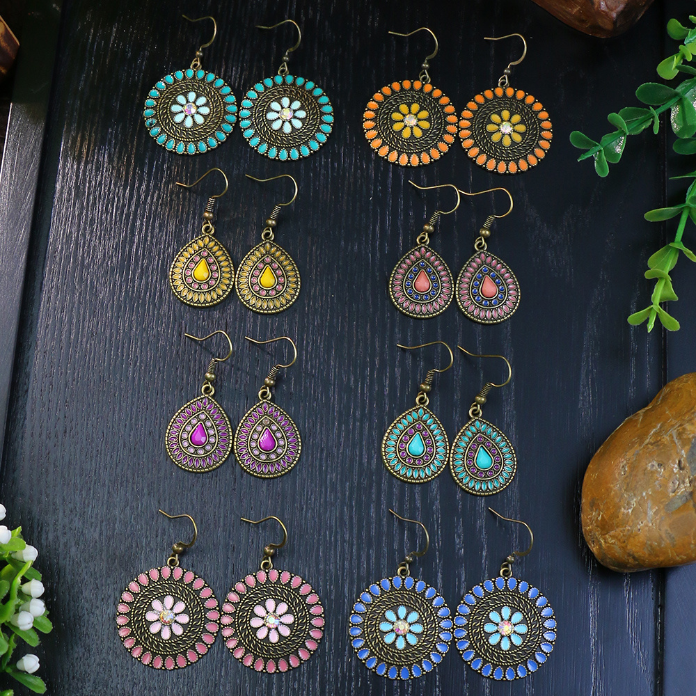 Image of 4 Pairs/8 Pairs Multicolor Flower Drop Earrings With Rhinestone And Turquoise Embellishment For Women