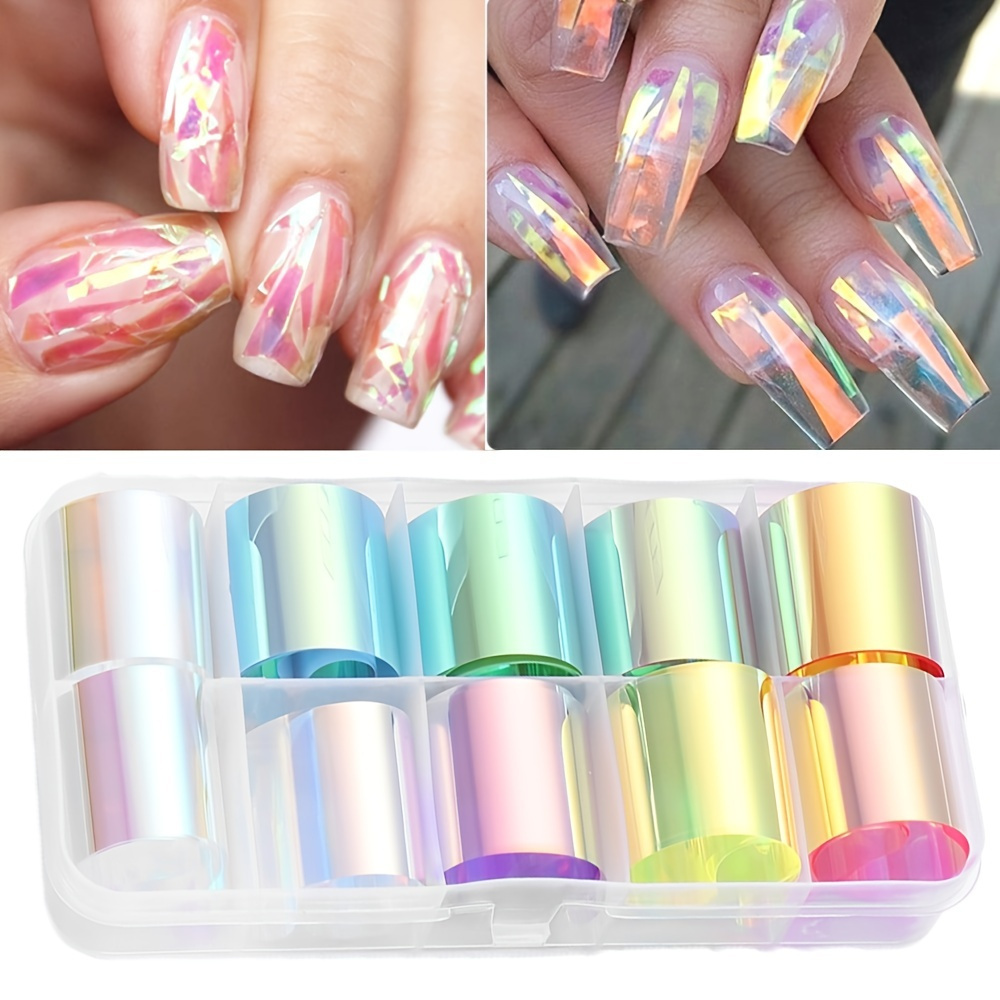 SILPECWEE 2 Boxes Aurora Nail Foil Clear Laser Glass Fragment Nail Transfer  Foil for Acrylic Nails Pink Starry Sky Holographic Nail Art Foil Stickers