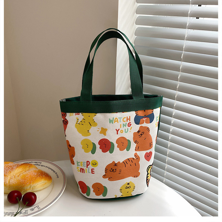 Cartoon Pattern Canvas Bucket Bag, Simple Hand Lunch Box Bag, Cute