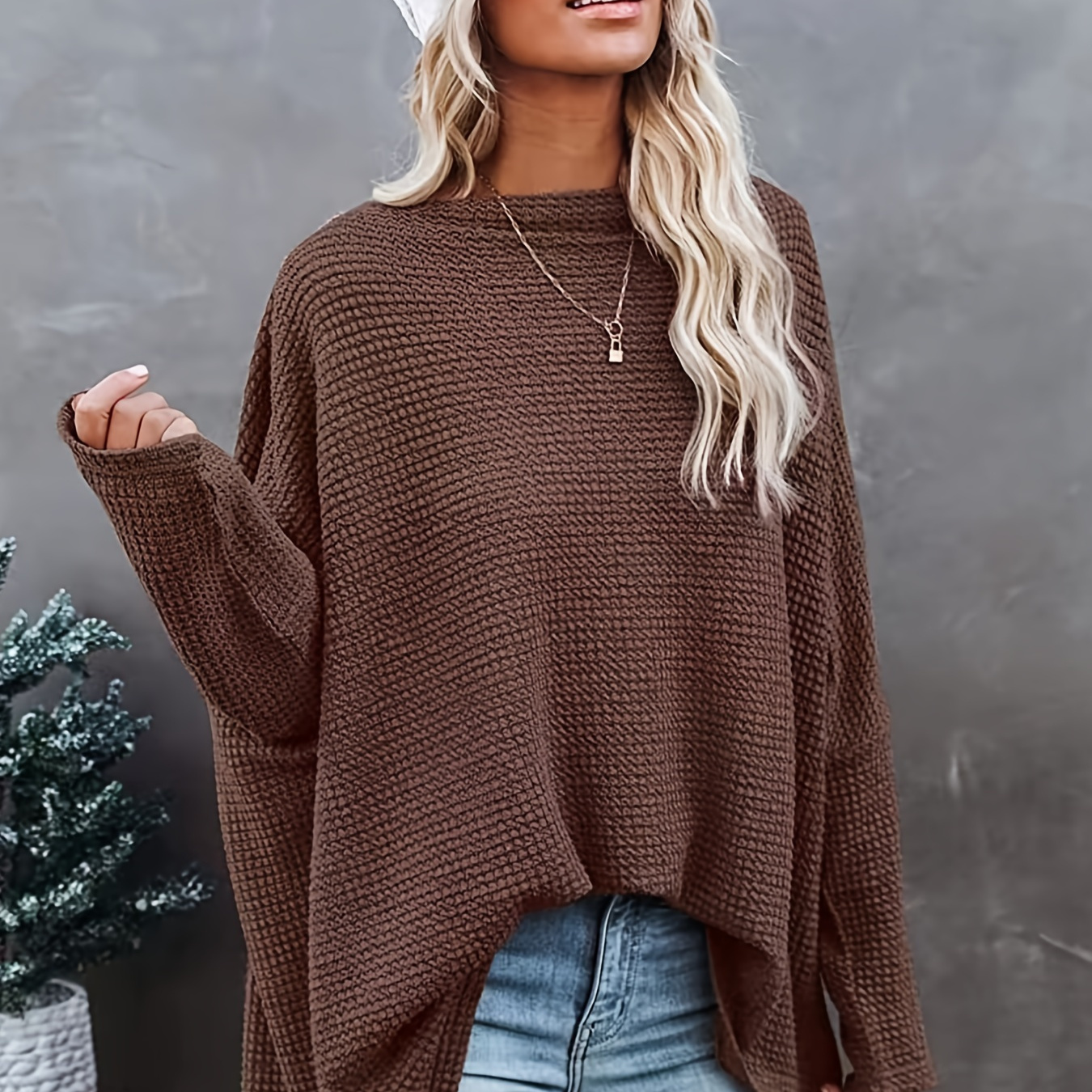 

Women's Casual Off Shoulder Bat Long Sleeve Waffle Knitted Oversized Pullover Sweater, Casual Tops For Fall & Winter, Women's Clothing