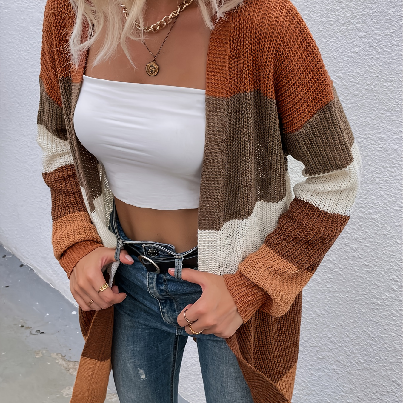 

Striped Colorblock Loose Cardigans, Casual Drop Shoulder Long Sleeve Fall Winter Knit Cardigan, Women's Clothing