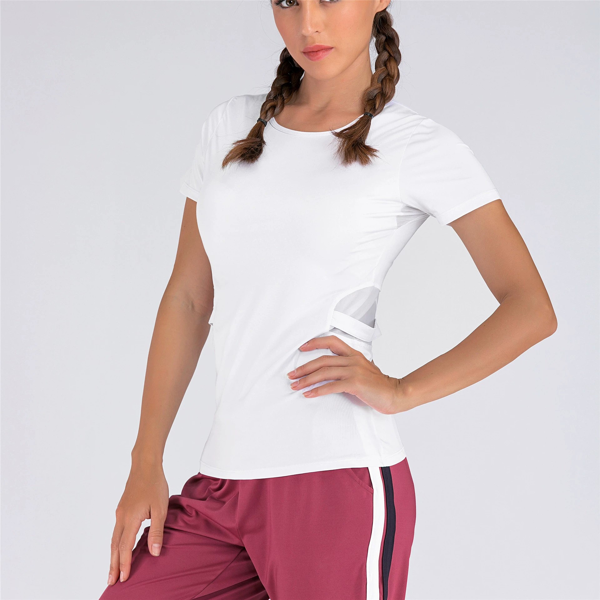 Camiseta de malla hueca, camisas de manga larga, camiseta deportiva con  cuello redondo, ropa deportiva para mujer