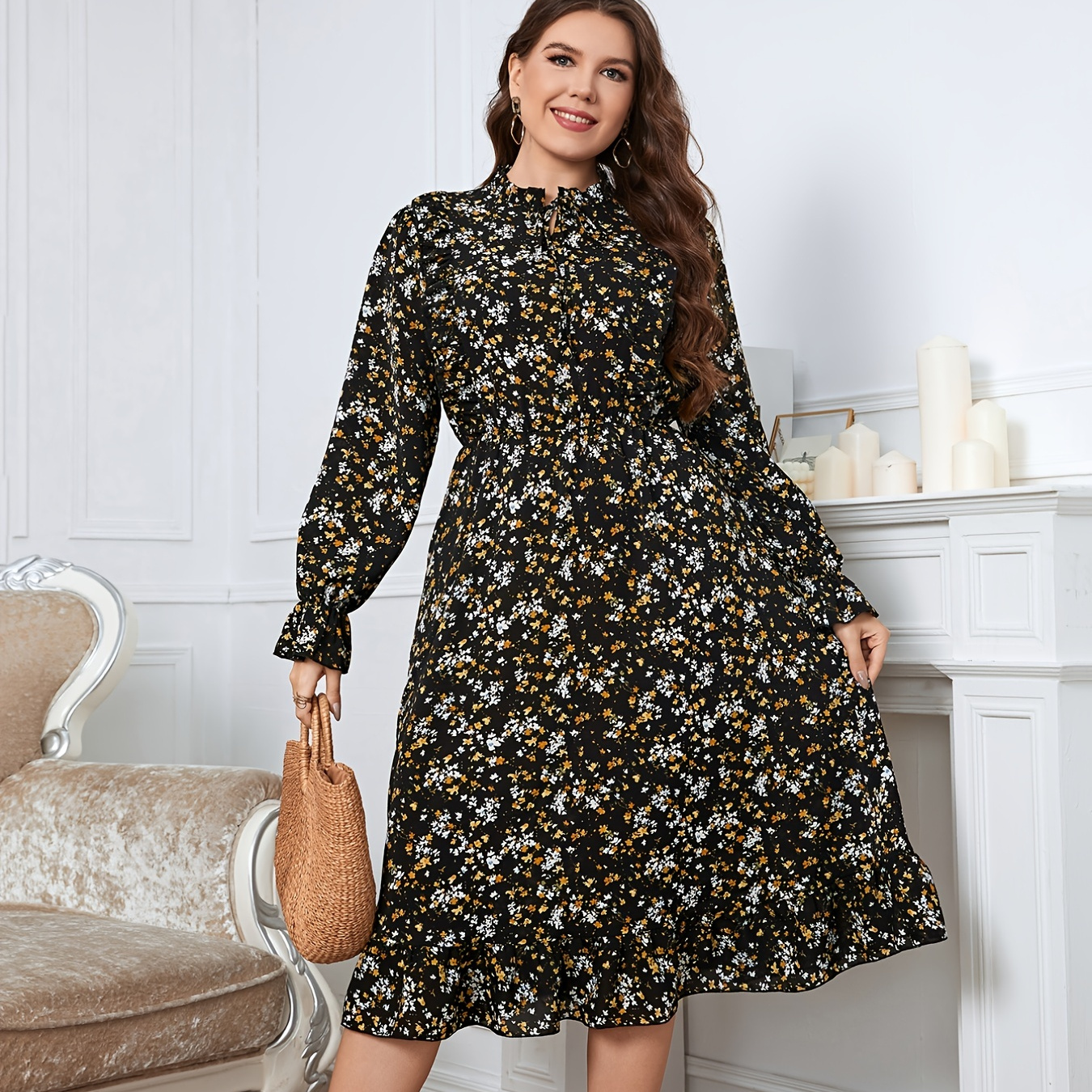 Plus Size Ditsy Floral Print Long Sleeve Ruffle Hem Midi Dress Women's ...