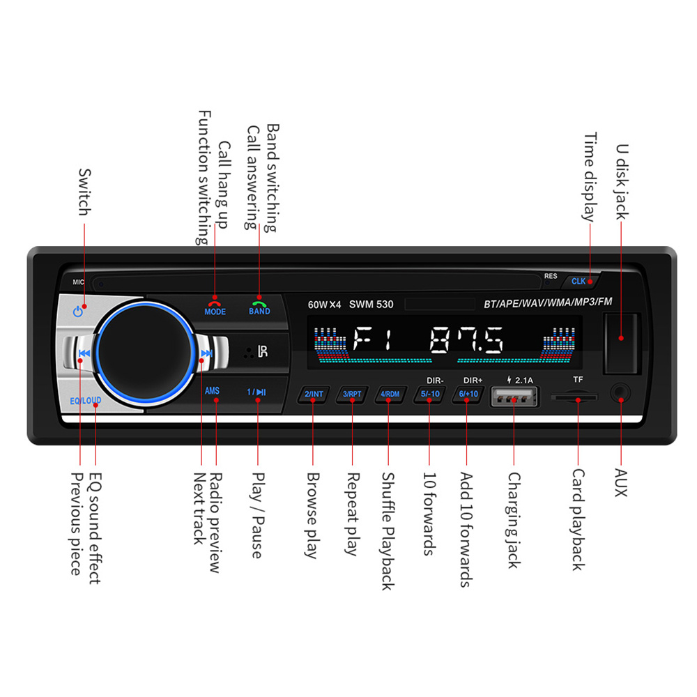 1 DIN Autoradio Bluetooth MP3 Stéréo FM USB AUX-IN TF In-Dash Unit Lecteur