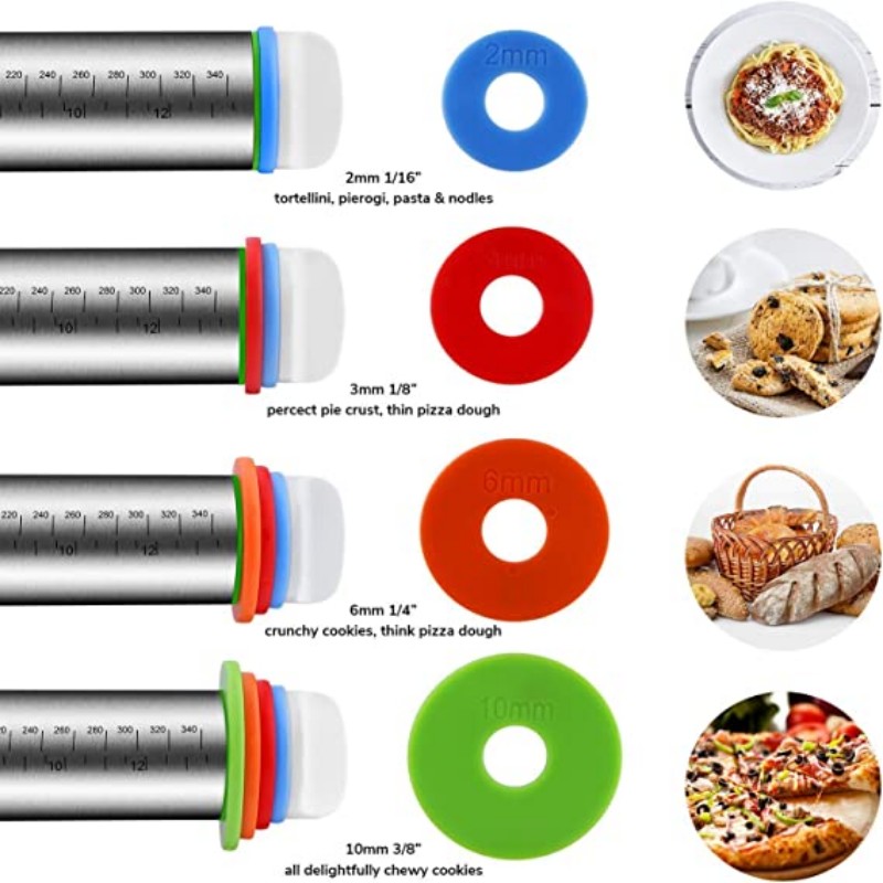 Silicone Rolling Pin Set with Adjustable Thickness Rings, Large Silicone  Baking Pastry Mat & Stainless Steel Dough Roller with Rings & Bench Scraper  