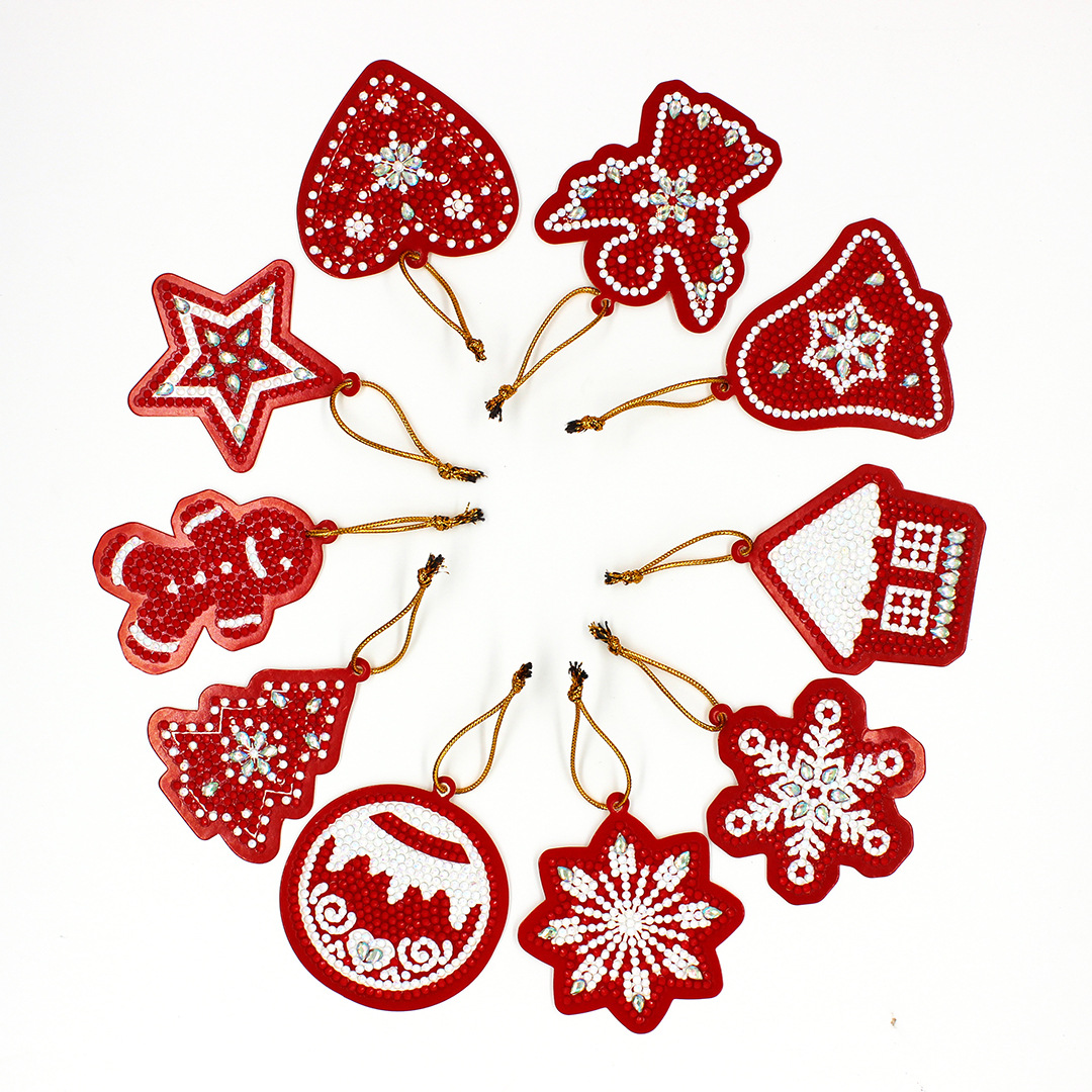 Image of 10pcs, Full Drills Diamond Painting (1.57"x2.36"), Special Shape Christmas Tree Pendant, Scene Decor, Holiday Accessory, Birthday Party Supplies