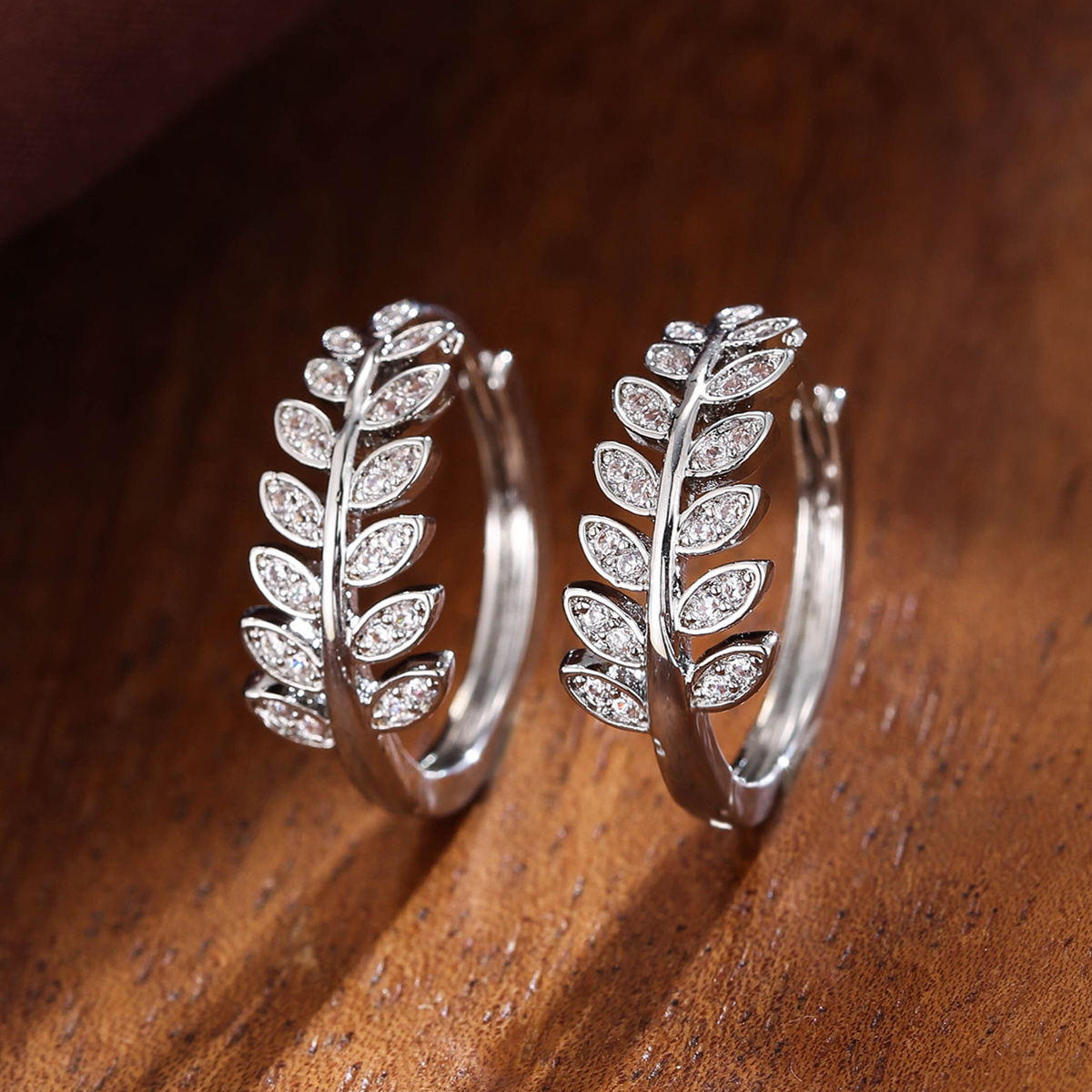 Leaf Shaped Hoop Huggie Earrings Inlaid Zircon