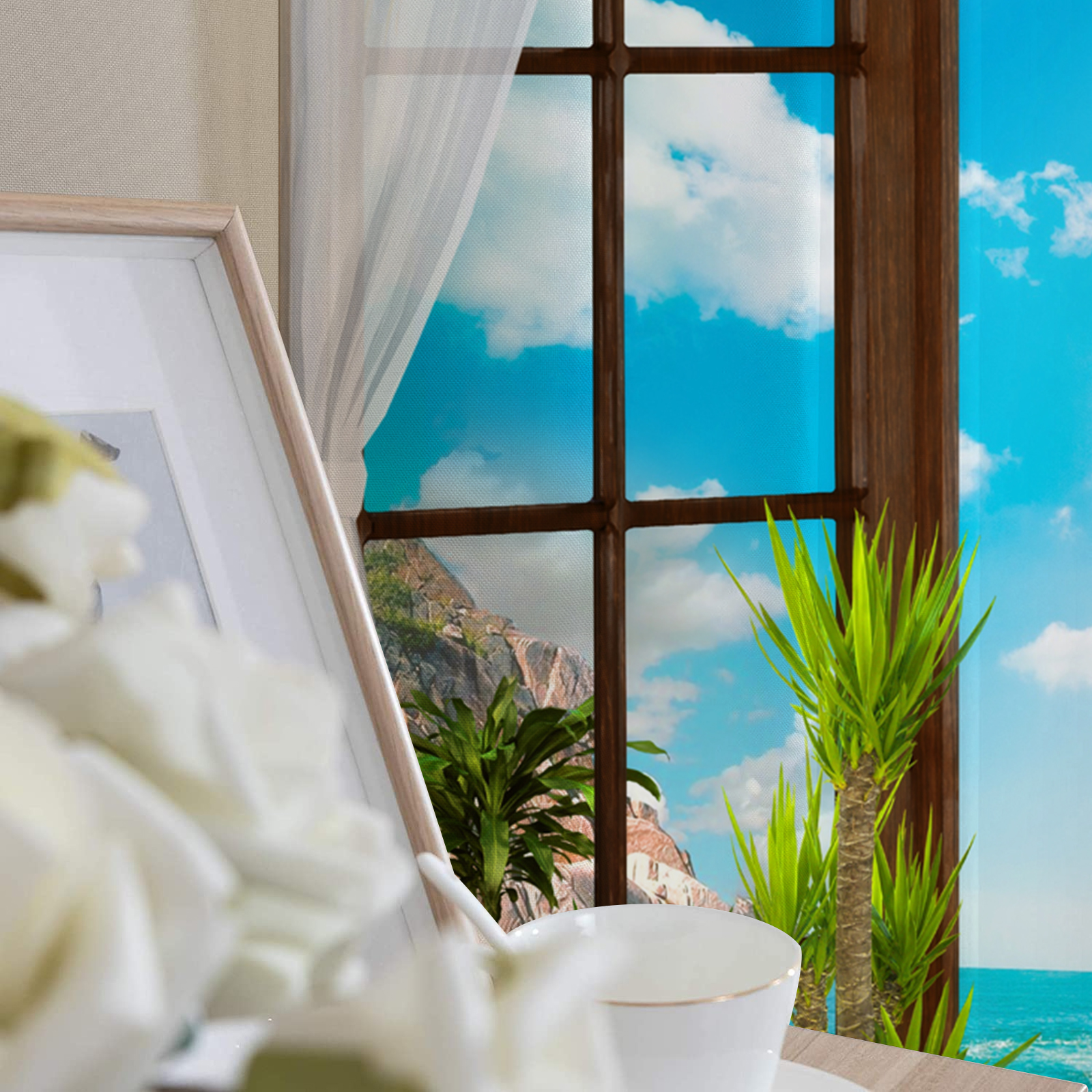  Cortinas de playa, ventana abierta de madera con diseño de  paisaje de puesta de sol en la playa, cortinas opacas con bolsillo para  barra, cortinas para sala de estar, cortinas de