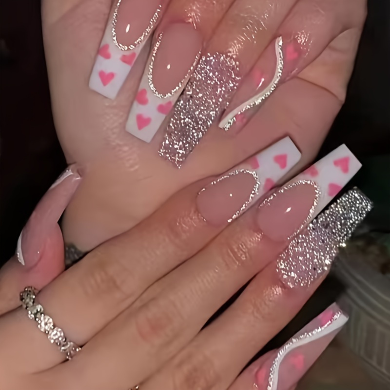 

24 Pcs Press On Nails Heart Pink Heart Long Coffin Fake Nails Glitter False Nails Glossy Ballerina Clip On Nails Full Cover Fake Nails For Women And Girls