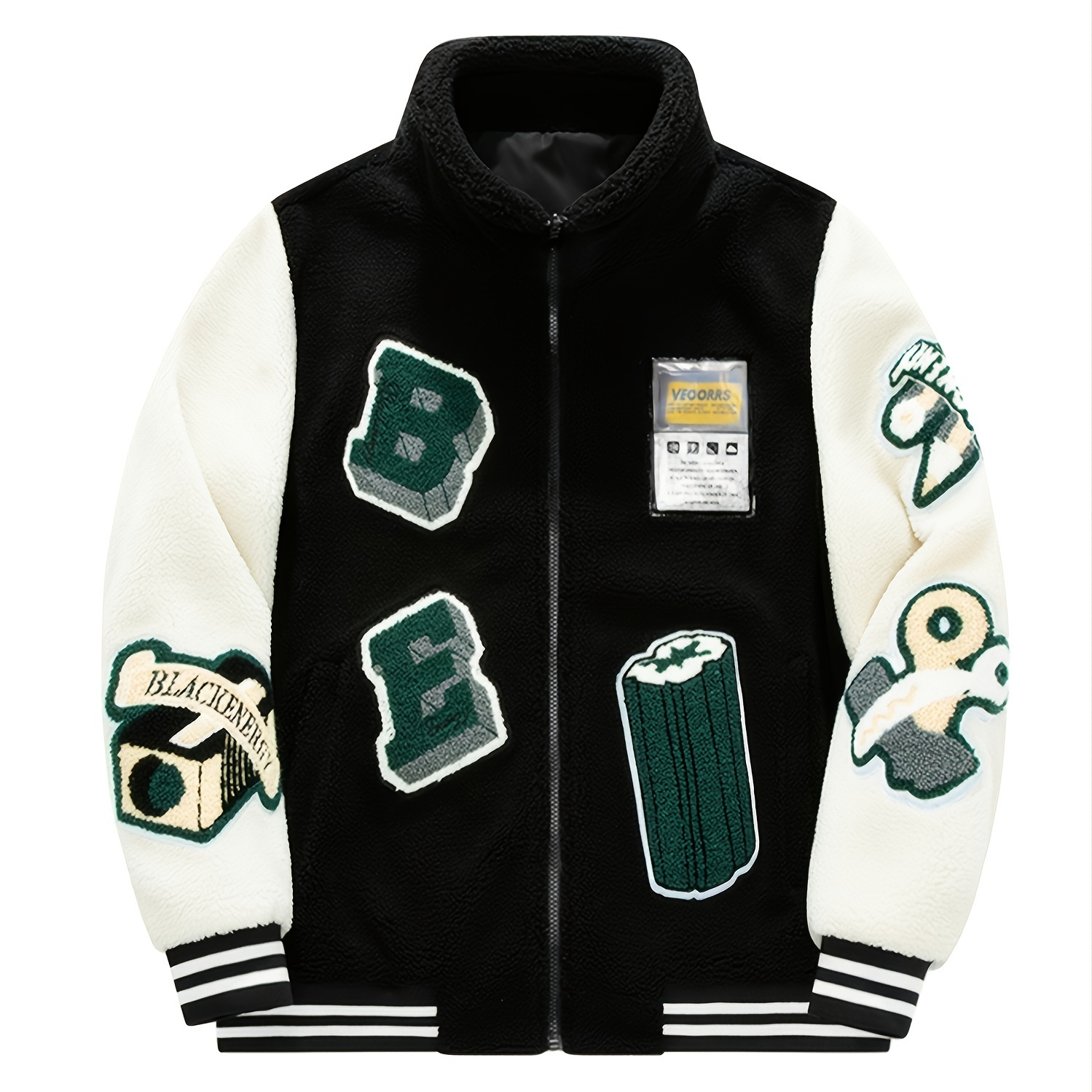 Men's Casual Fleece Color Block Jacket With Embroidered Patches
