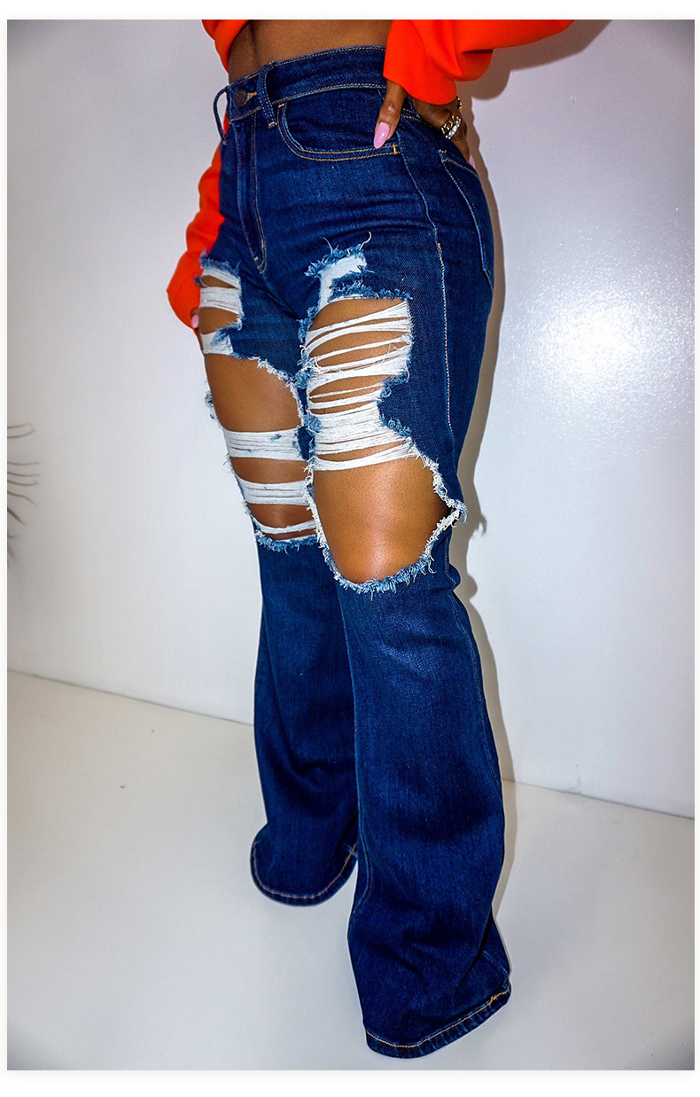 Ripped One Leg High * Brown Jeans, Bell Bottom Shape Distressed Flare  Jeans, Women's Denim & Clothing