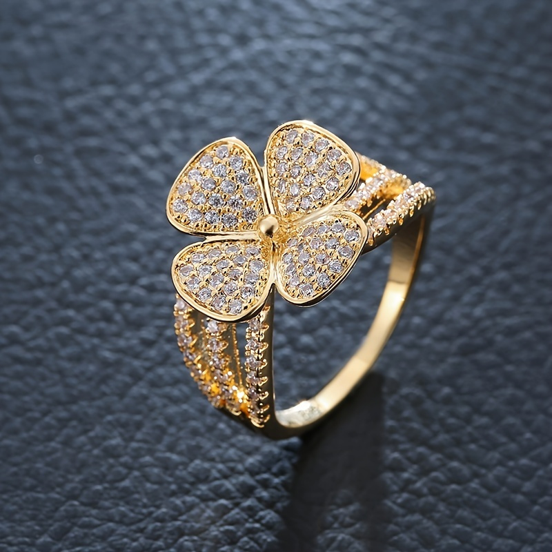 

Lucky 4-leaf Clover Zircon Ring 18k Plated Luxury Jewelry Classic Design For Women Girls Decor