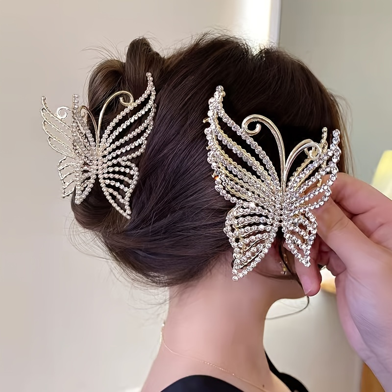 

Butterfly Crystal Hair Claw Clips Pearl Rhinestone Golden Metal Hair Clips Large Gem Hair Jaw Clips Strong Hold Non-slip Hair Catch Barrettes Clamps For Thick And Thin Hair Accessories For Women Girls