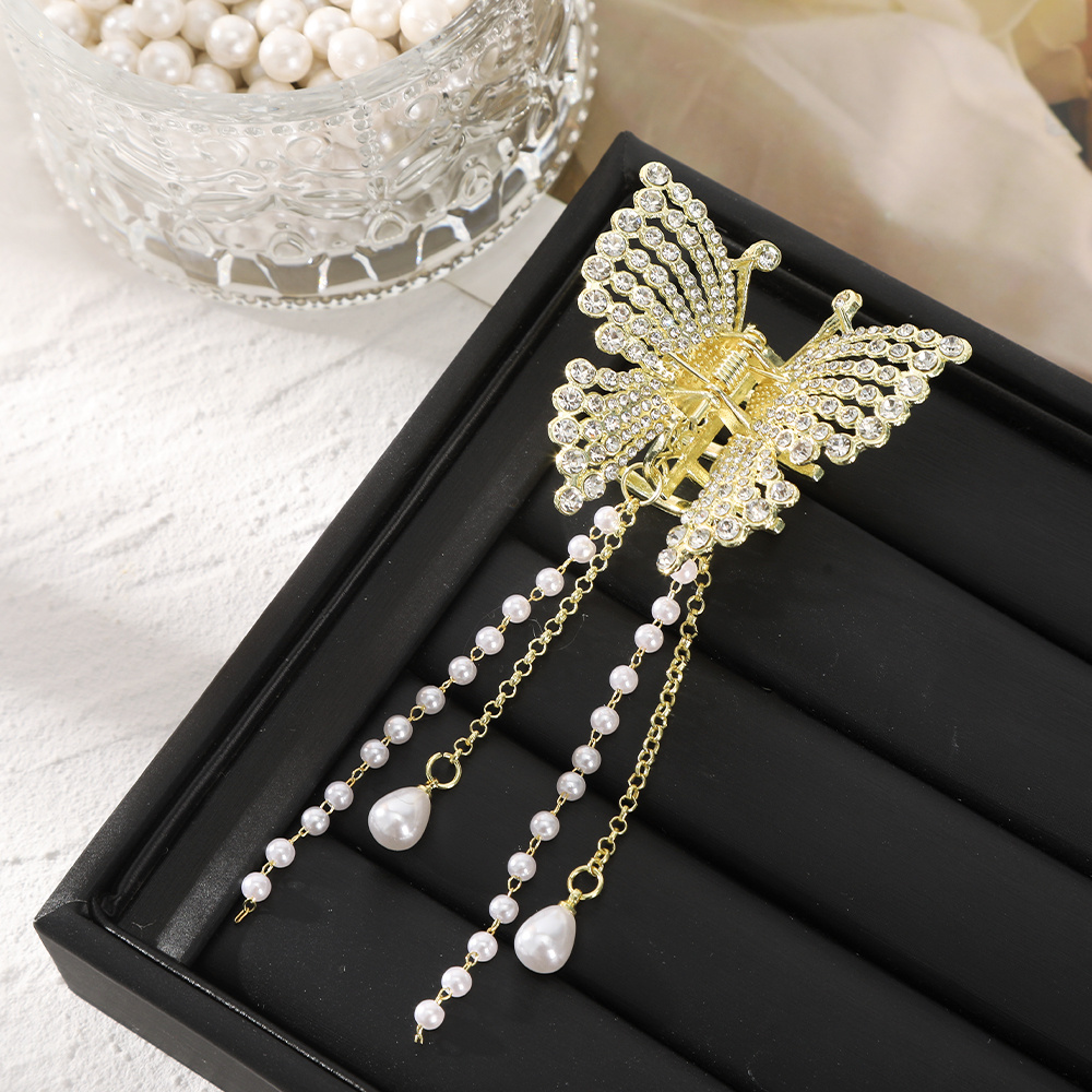 Pearl Long Tassel Hair Claw Clips For Women, Rhinestone Butterfly Hair Barrettes Accessories For