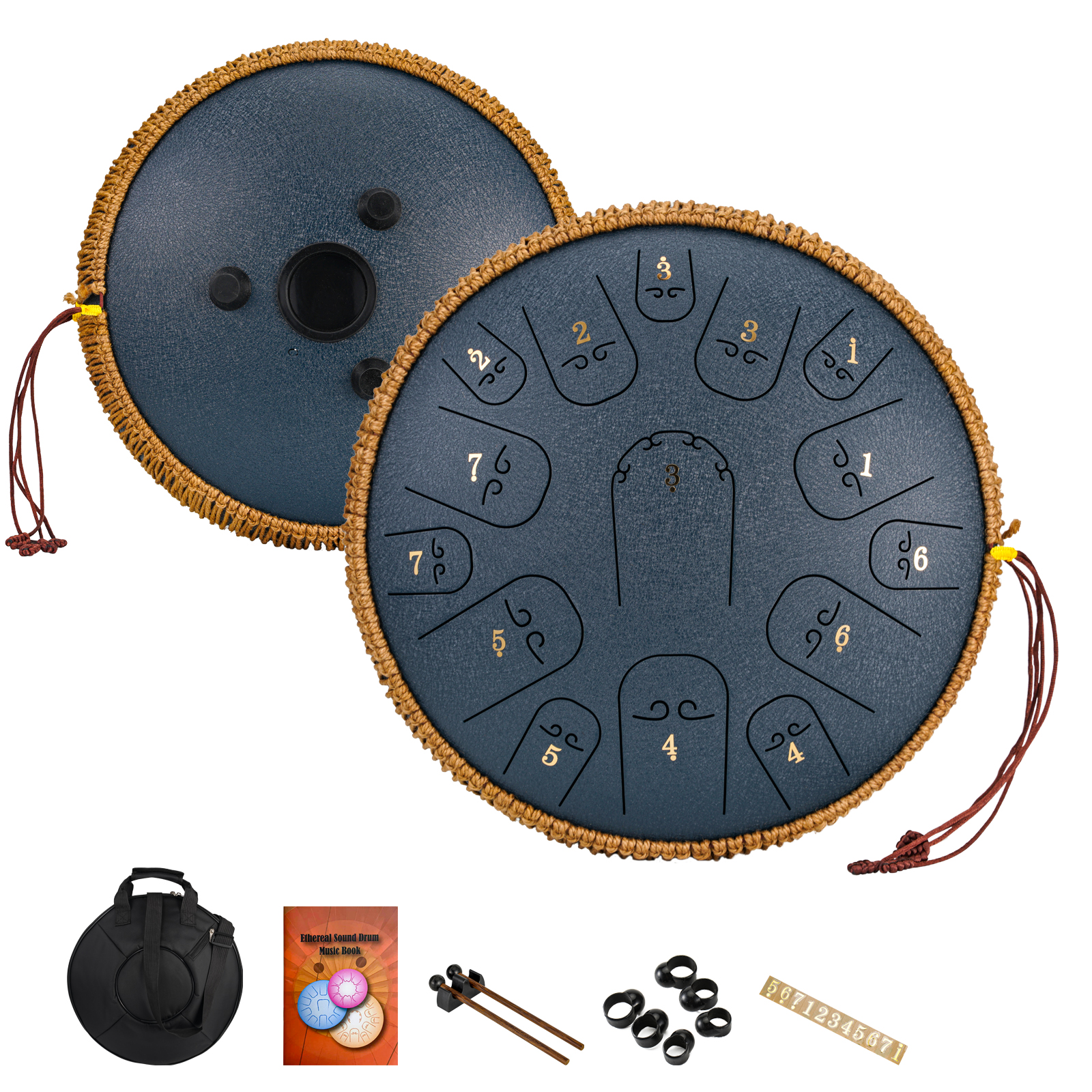 HOPWELL Steel Tongue Drum - 14 Inch 15 Note Tongue Drum - Hand Pan Drum  with Music Book, Handpan Drum Mallets and Carry Bag, D Major (Navy Blue)