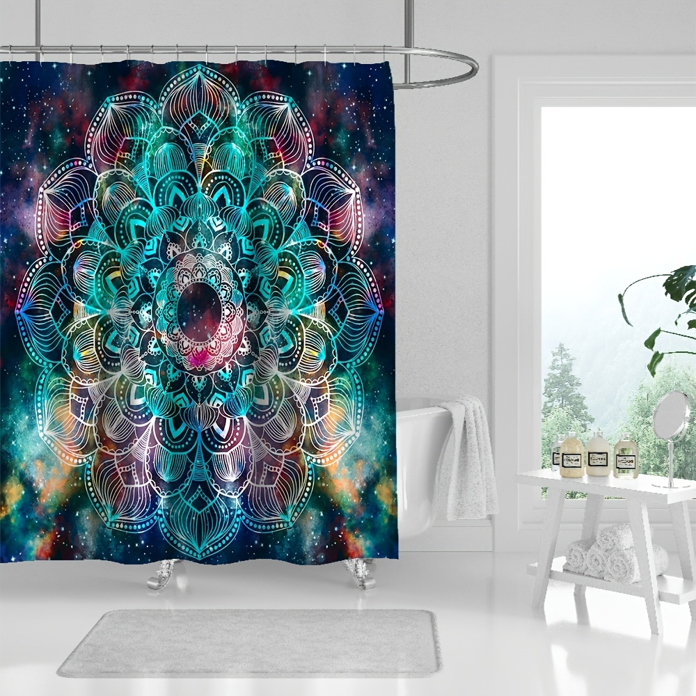 

1pc Psychedelic Mandala With 12 Hooks - Waterproof Fabric Bathroom Decoration For A Spiritual And Relaxing Bathing Experience