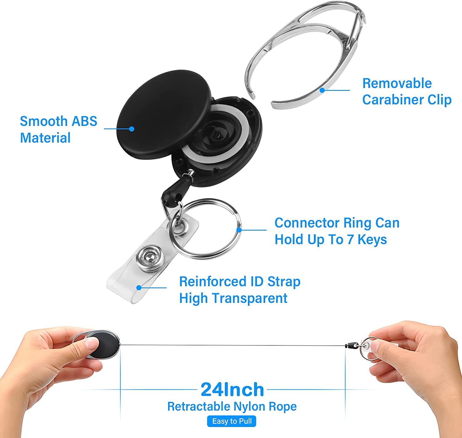 2 Pack Heavy Duty Retractable Badge Holder Reel, Will Well Metal ID Badge  Holder with Belt Clip Key Ring for Name Card Keychain [All Metal Casing,  27.5 UHMWPE Fiber Cord, Reinforced Id