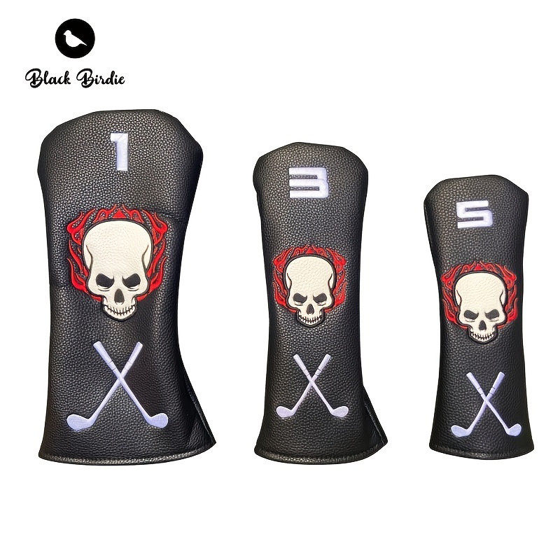 Golf Skull Skeleton Head Cover Golf Club Black Faux Leather Headcovers Set Fits Driver Fairway