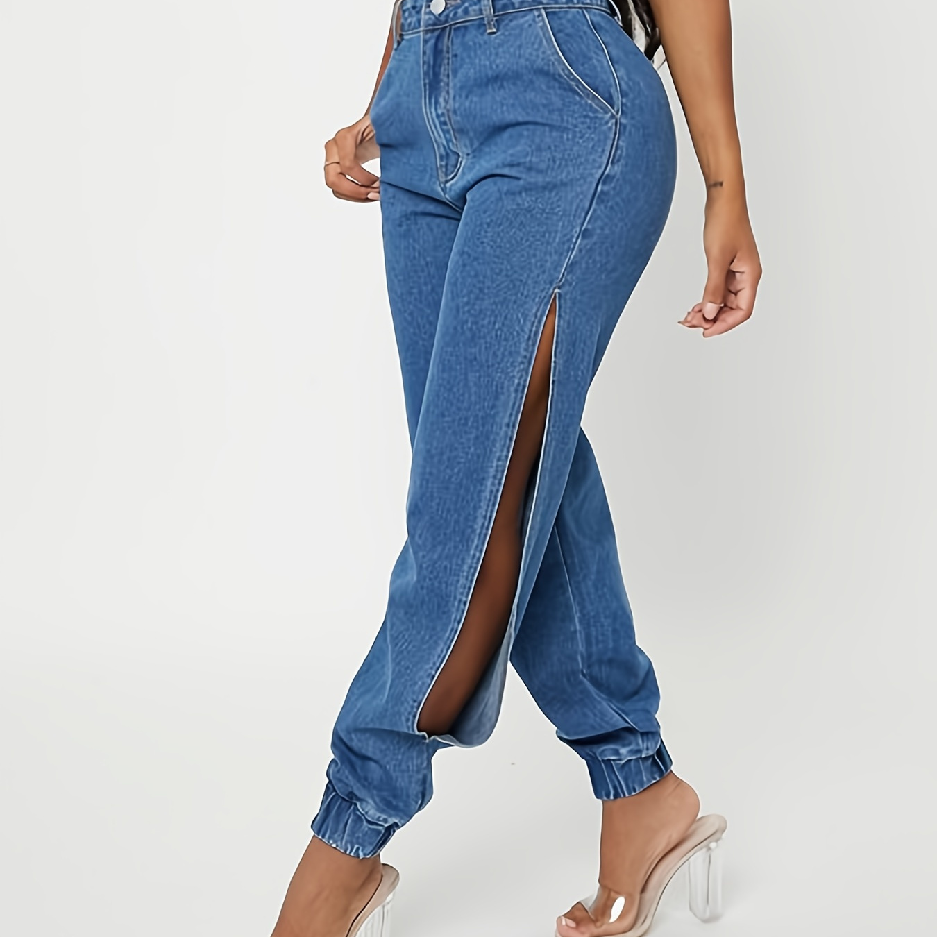 High Waist Button Fly Solid Jeans, Women's Split Cut Out Long Length Denim High Rise Side