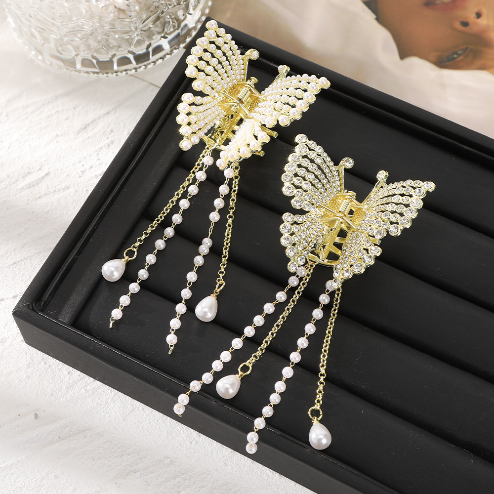 Pearl Long Tassel Hair Claw Clips For Women, Rhinestone Butterfly Hair Barrettes Accessories For