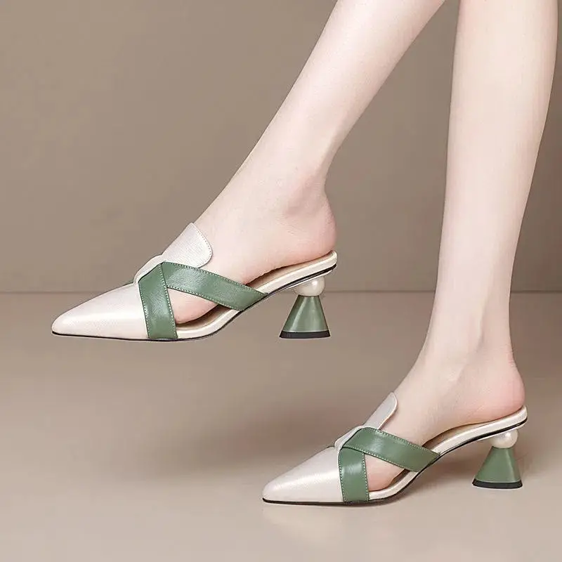 womens fashion pointed toe flare heeled mules casual stylish shoes womens footwear details 2