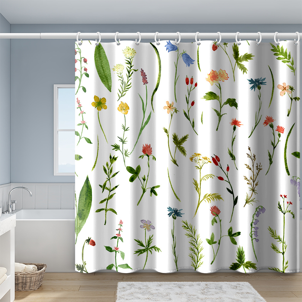 Botanical Shower Curtain Set. Leafy Green Floral Bathroom