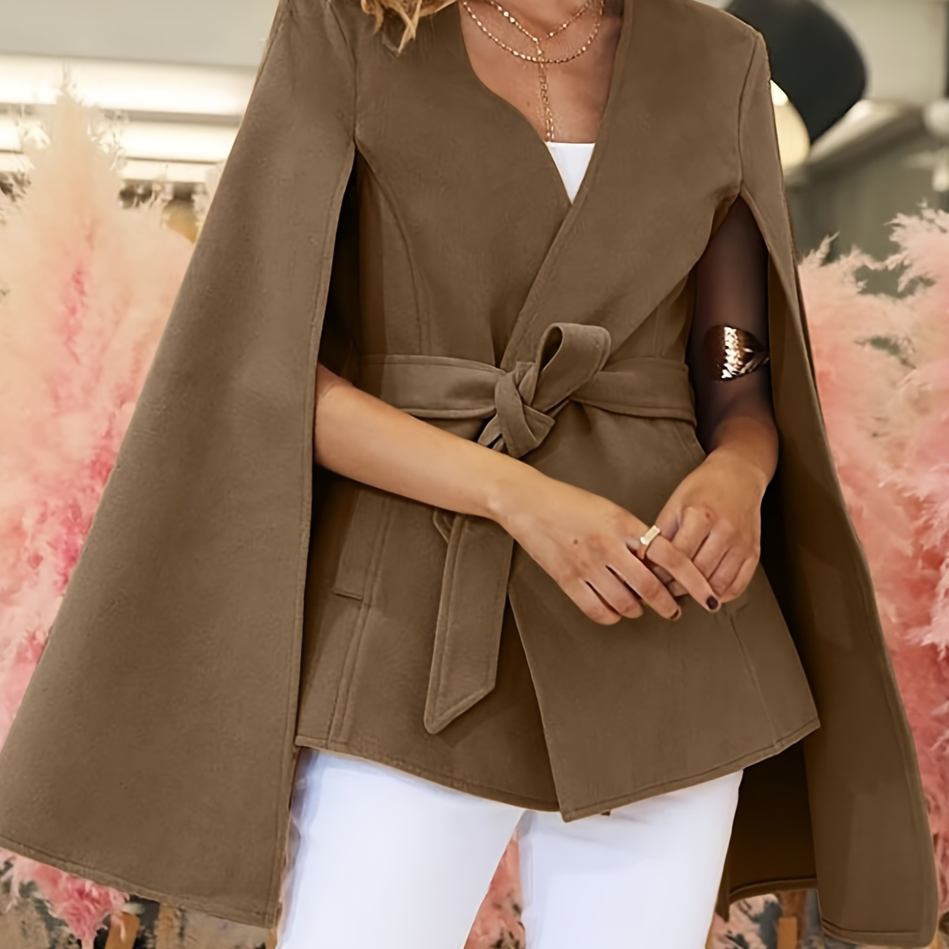 Solid Cape Sleeve Belt, Women's One Shoulder Cotton Blend Elegant