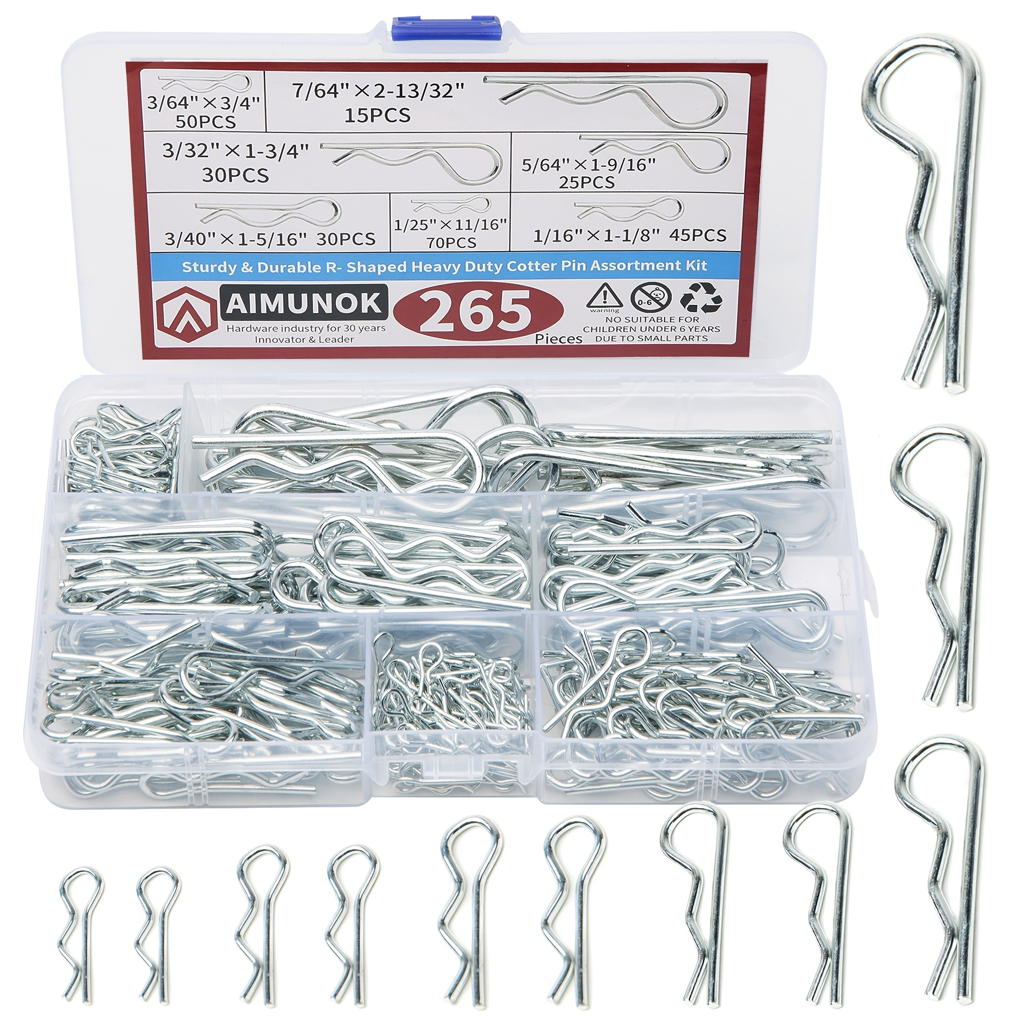 265pcs AIMUNOK Cotter Pins - Sturdy & Durable Alloy Steel - R- Shaped Heavy Duty Cotter Pin Assortment Kit In 6 Different Sizes - Perfect For Mechanics, Lawn Mowers, & RV Owners