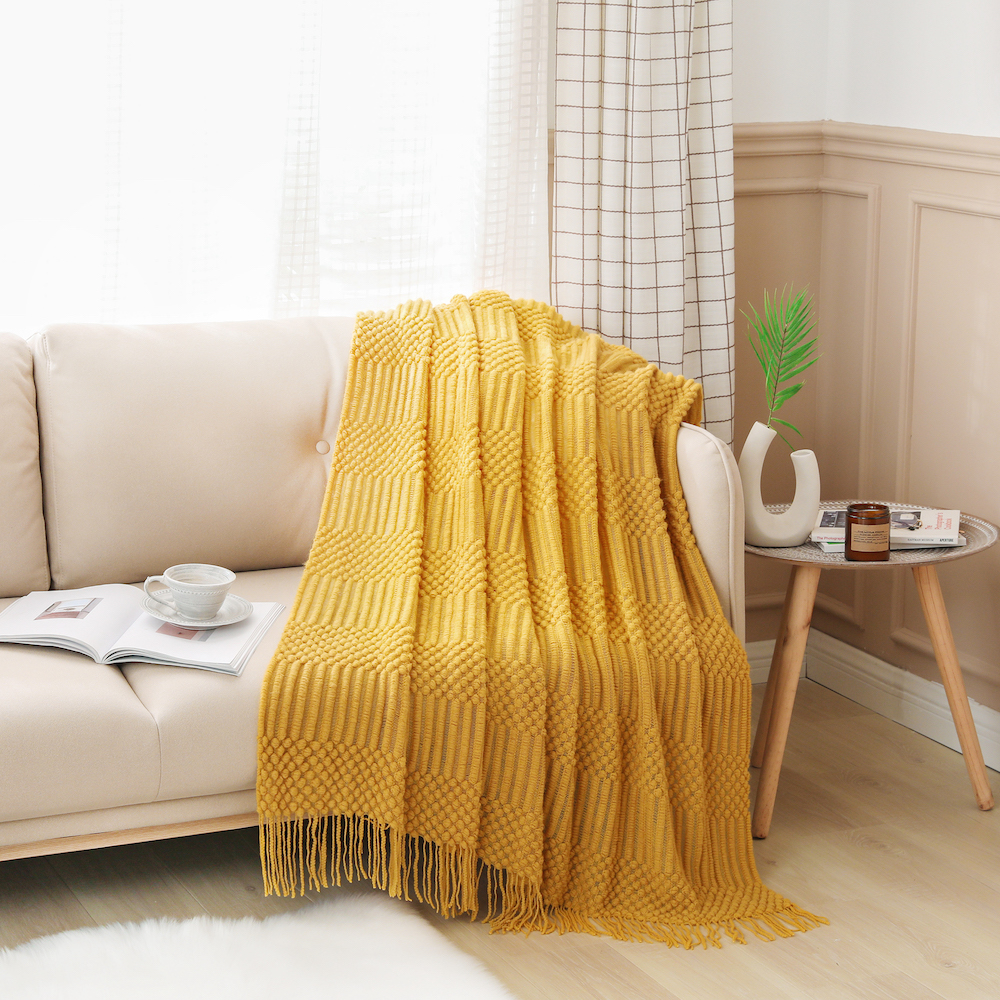 SOGA Yellow Diamond Pattern Knitted Throw Blanket Warm Cozy Woven Cover  Couch Bed Sofa Home Decor with Tassels