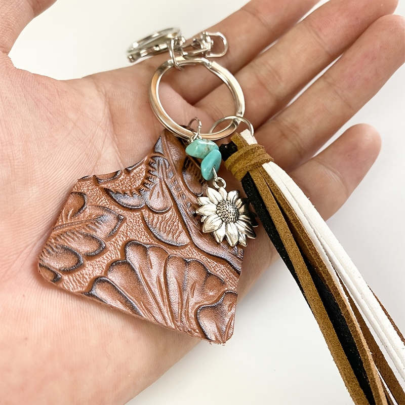 Western Retro Genuine Leather Key Chain Pine Stone Cowhide Pendant Car Key Chain Backpack Pendant The Same for Men and Women,Bag Accessories,Temu
