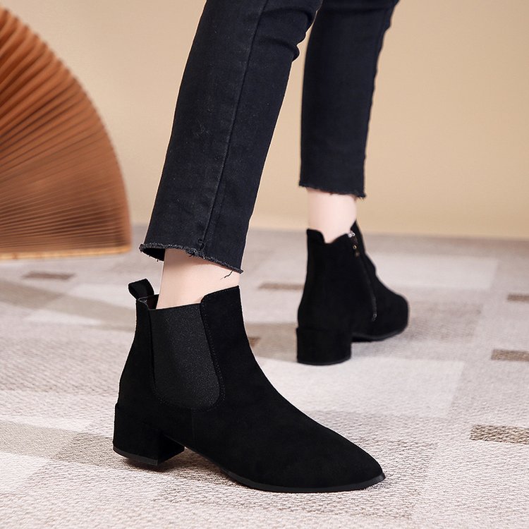 Chunky Heeled Chelsea Boots Pointed Toe Women Side Zip Low - Temu