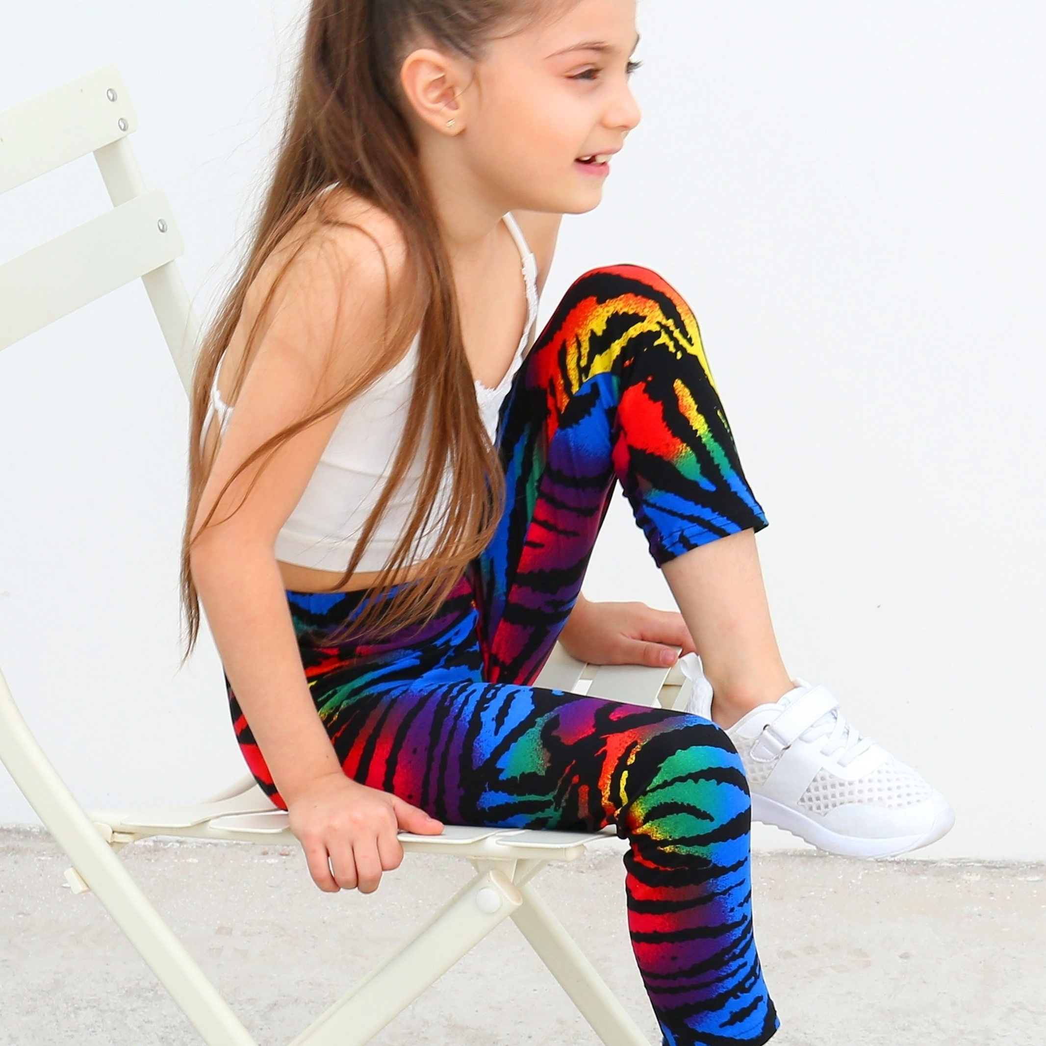 

Kids Girls Chic Black Rainbow Tie Dye Leggings, Cute High Stretch Soft Comfy Pants