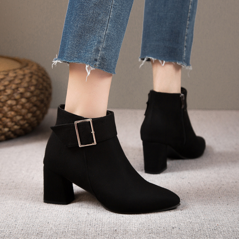 Women's Pointed Toe Chunky Heeled Ankle Boots Buckle Decor Temu