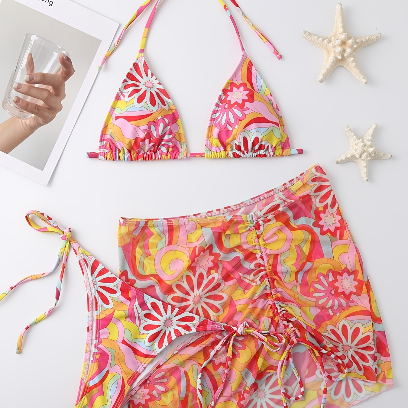 

3-pieces Floral Print Bikini Sets, V Neck Halter Neck Tie Back Tie Side High Cut Cover Up Skirt Bathing Suit, Women's Swimwear & Clothing