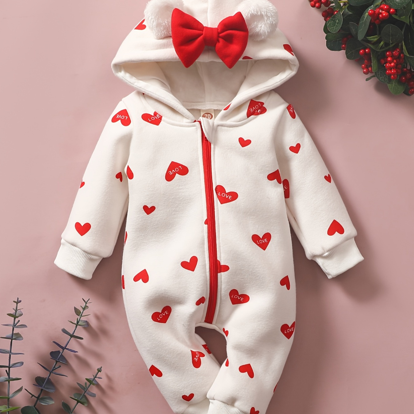 

Toddler Baby Heart Print Long Sleeve Hooded Jumpsuit For Girls