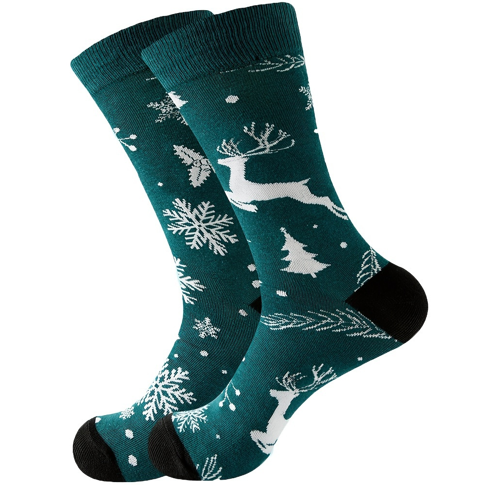 

1pair Men's Snowflake Elk Print Green Cotton Christmas Socks For Winter